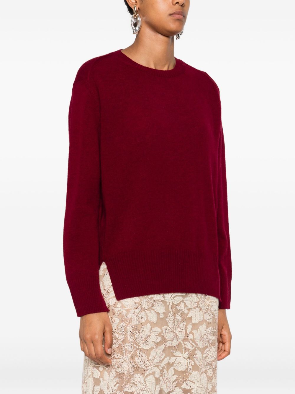 BEYOU Cashmere Crewneck Sweater with Side Splits - Long Sleeves