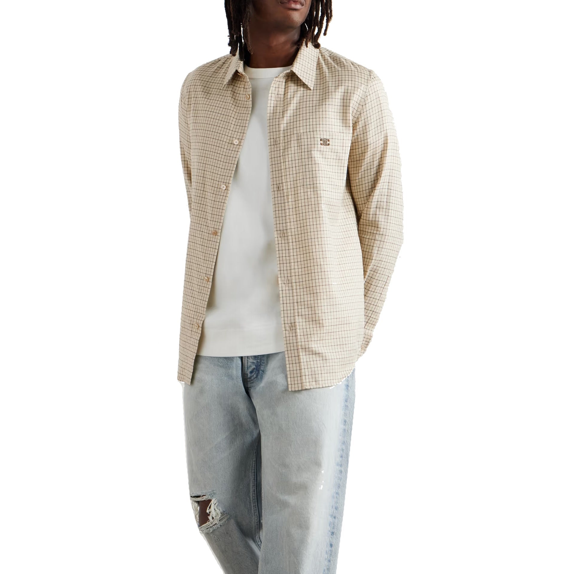 CELINE Logo-Embroidered Checkered Design Cotton Shirt