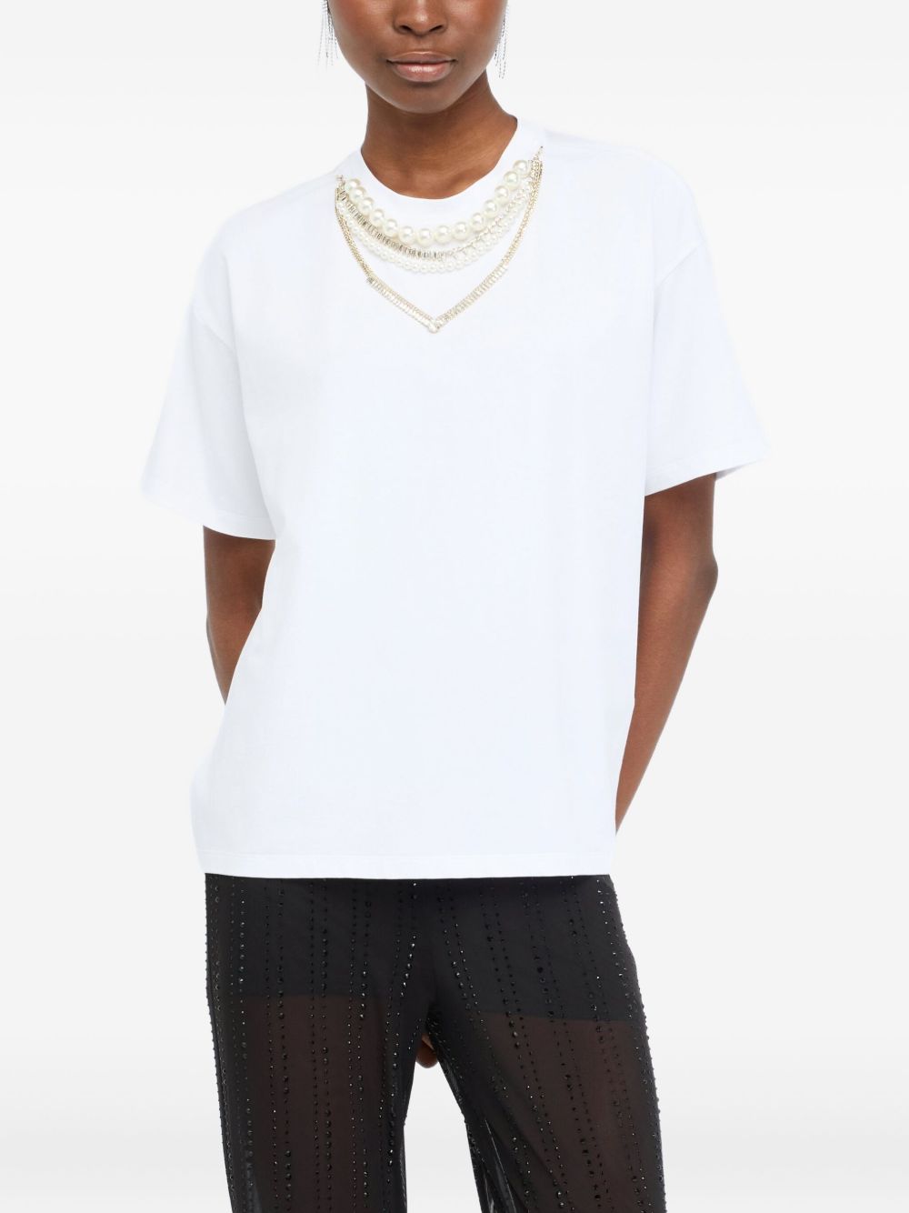 LIU JO Faux Pearl Rhinestone Top - Women's Crew Neck, Short Sleeves