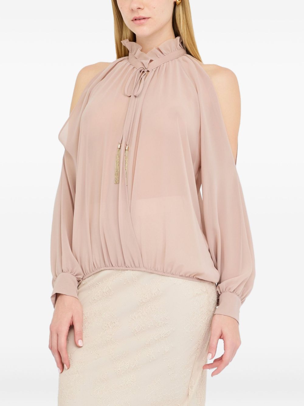 LIU JO Mock-Neck Open-Shoulder Top with Tassel Embellishment
