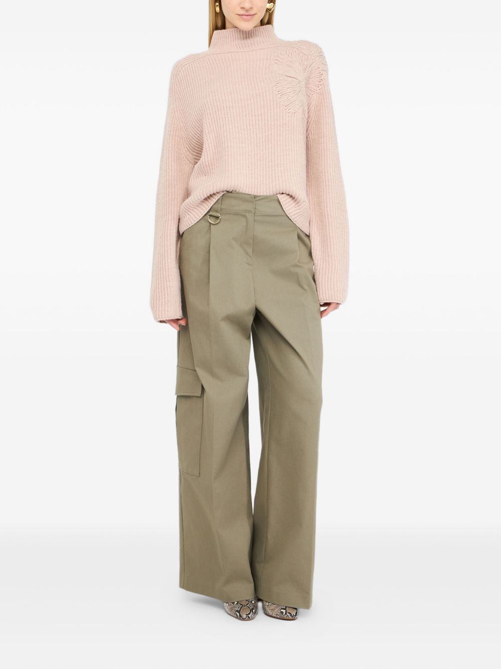 LIU JO Ribbed Knit High Neck Long Sleeve Top with Flower Embellishment