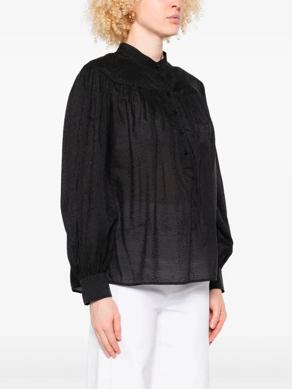 CHLOÉ Jacquard Blouse with Front Buttons and Gathered Details - Size 36