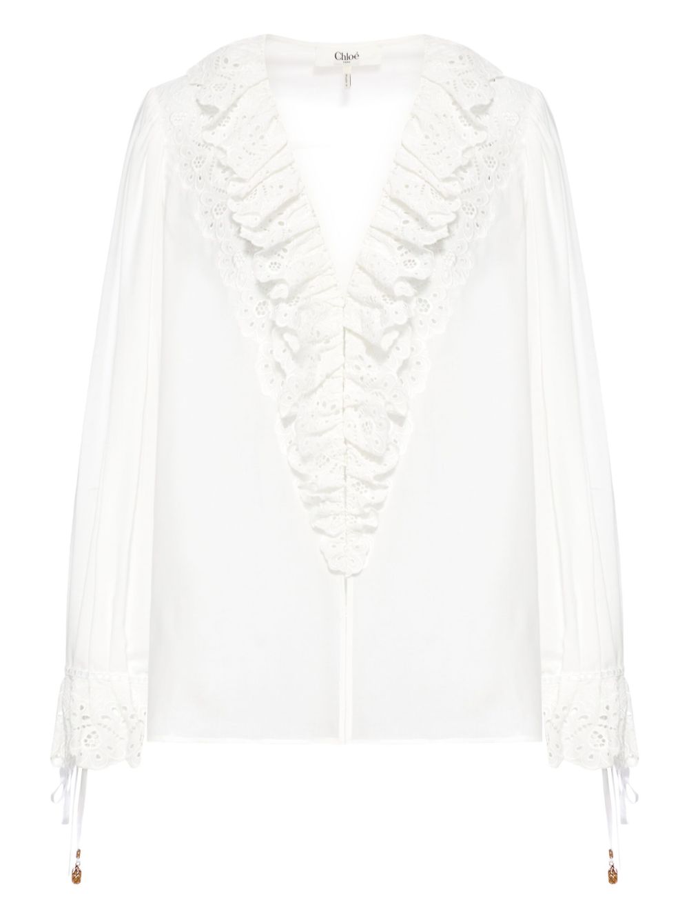 CHLOÉ Cotton V-Neck Ruffle Trim Top with Balloon Sleeves