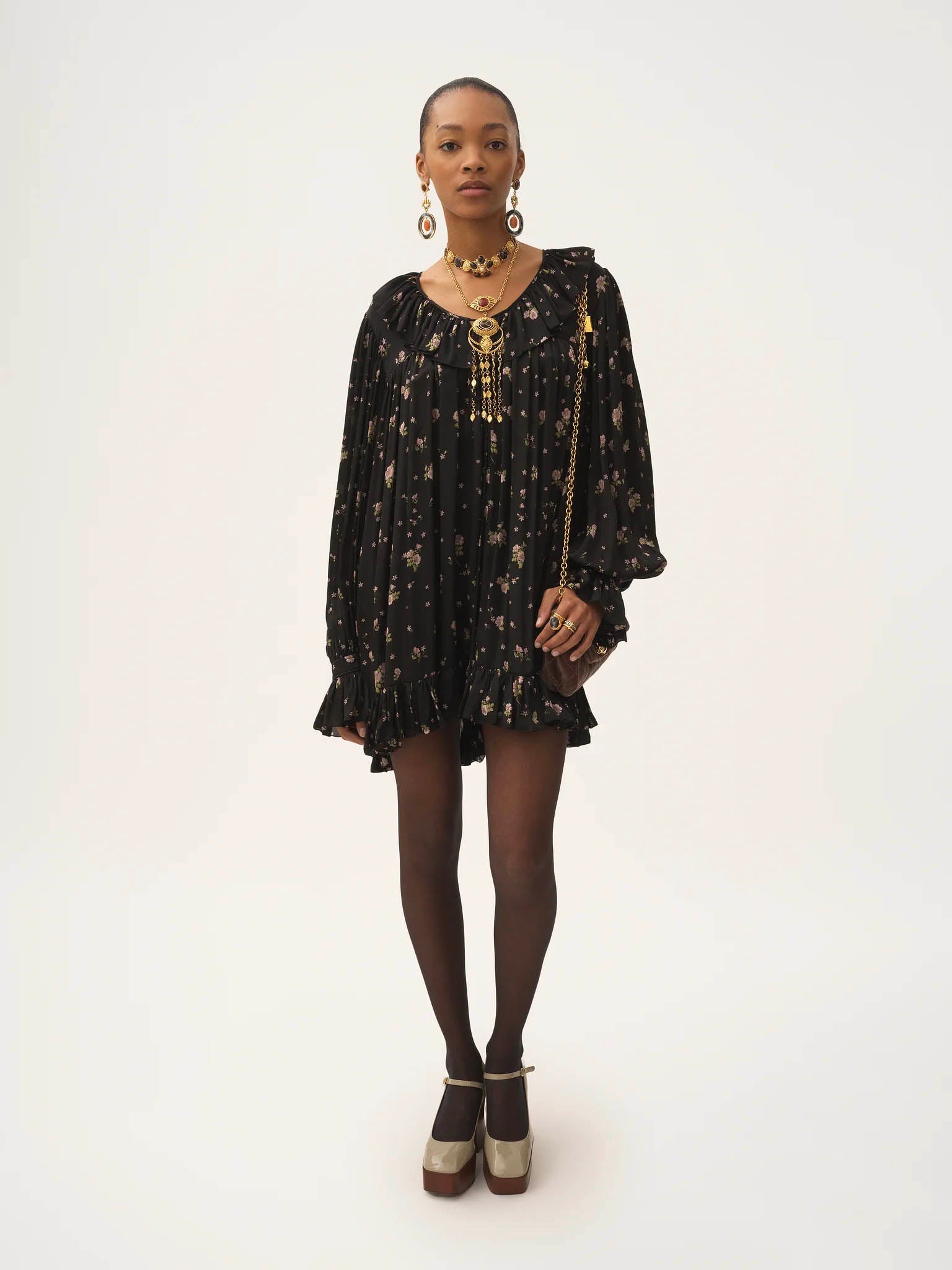 CHLOÉ Gathered Mini Dress with Ruffle Trims - Size 36