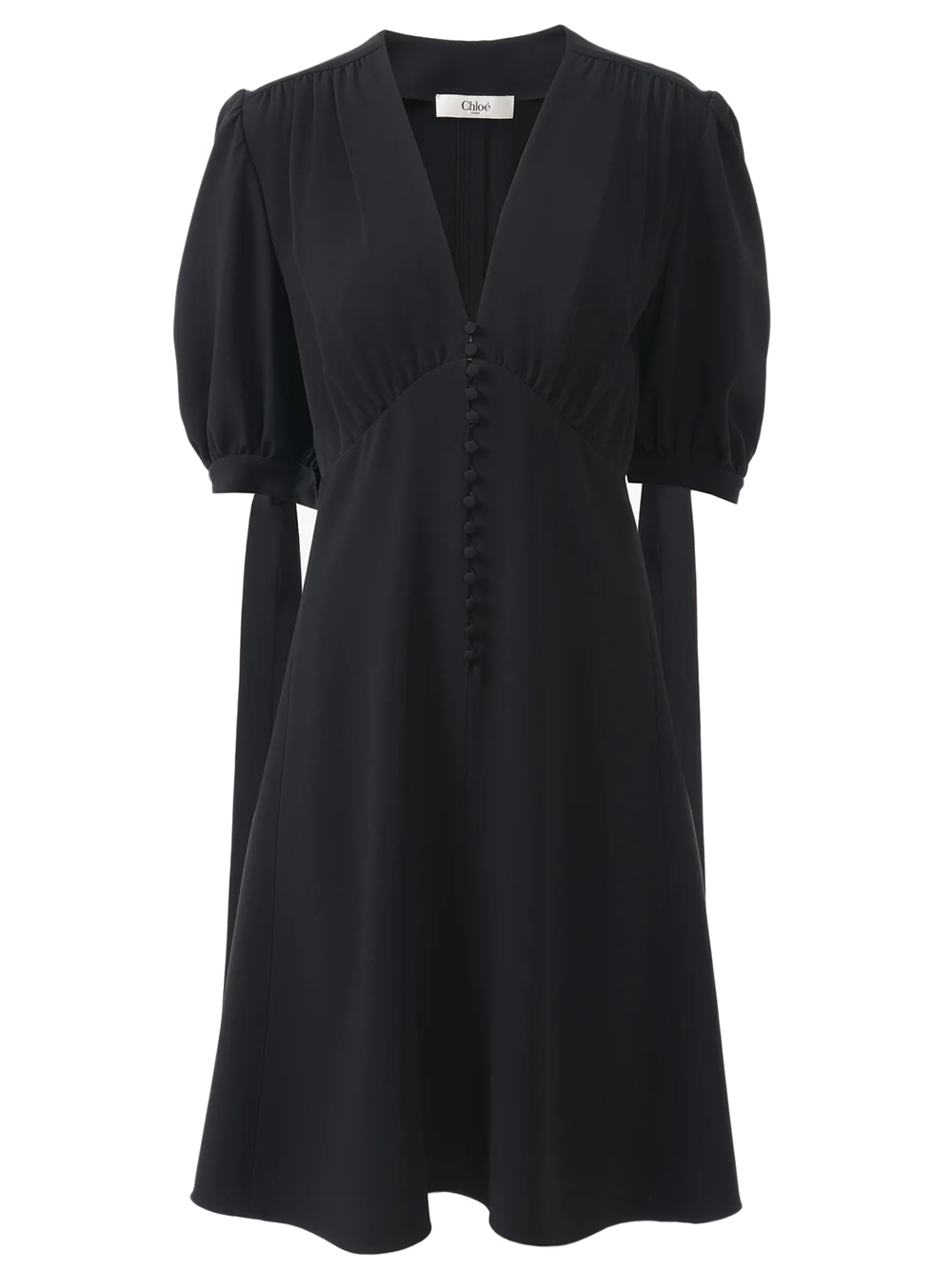 CHLOÉ Fluid V-Neck A-Line Dress with Puff Sleeves (Size 36)