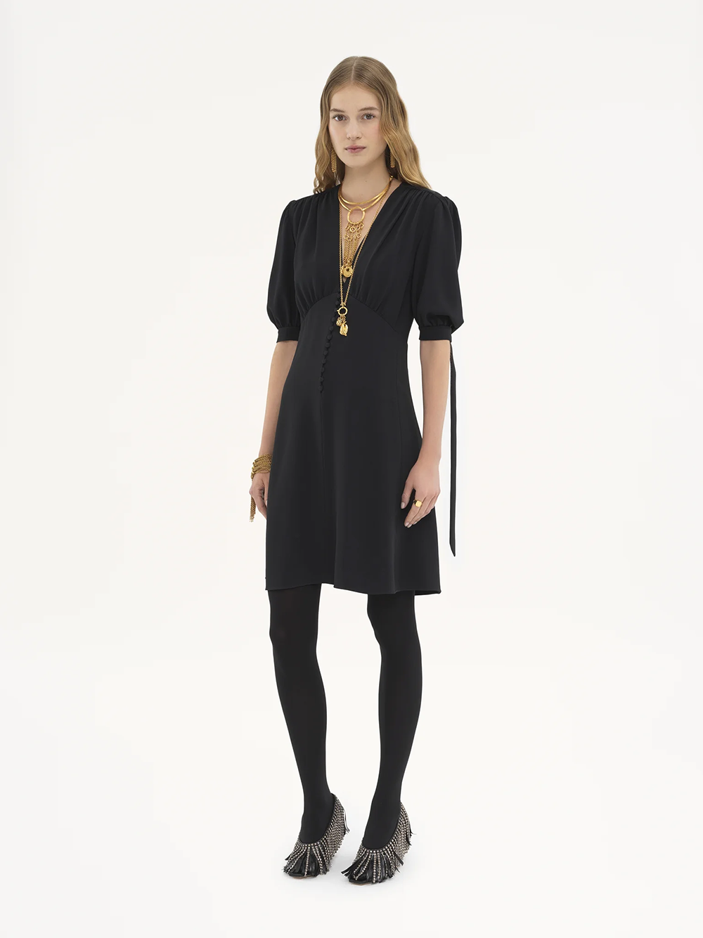 CHLOÉ Fluid V-Neck A-Line Dress with Puff Sleeves (Size 36)