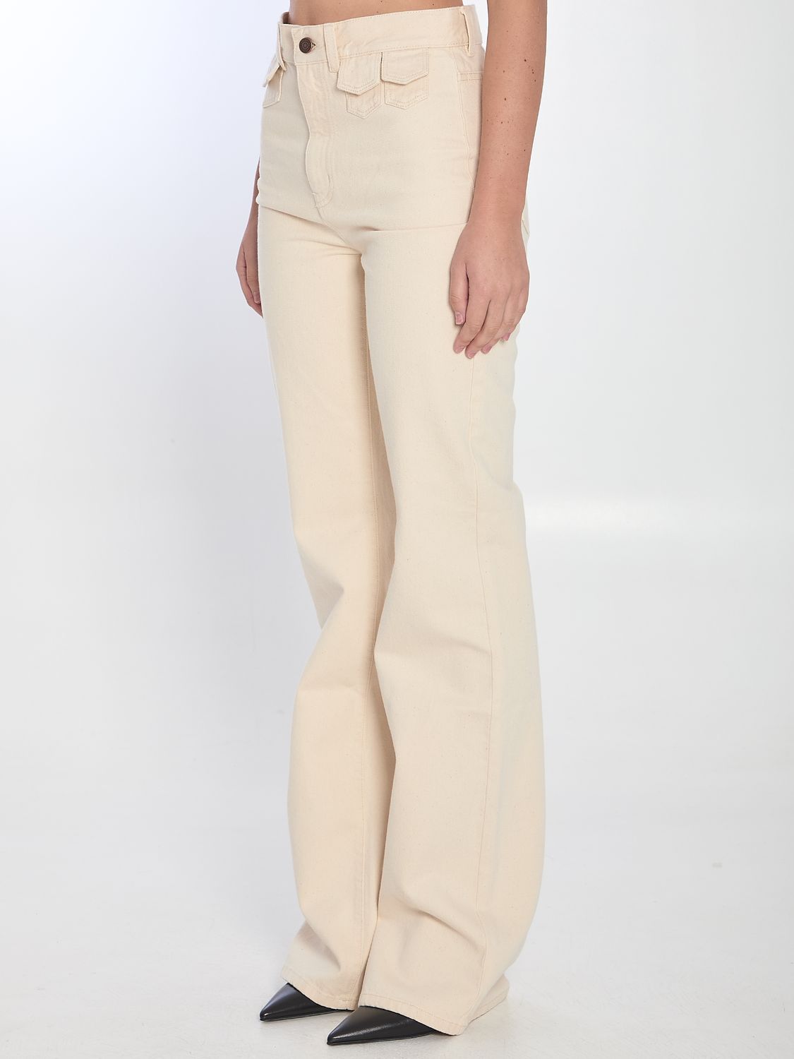 CHLOÉ High Waist Mini Flap Pocket Flared Denim Trousers