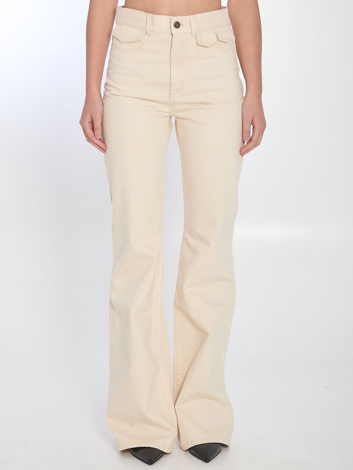 CHLOÉ High Waist Mini Flap Pocket Flared Denim Trousers