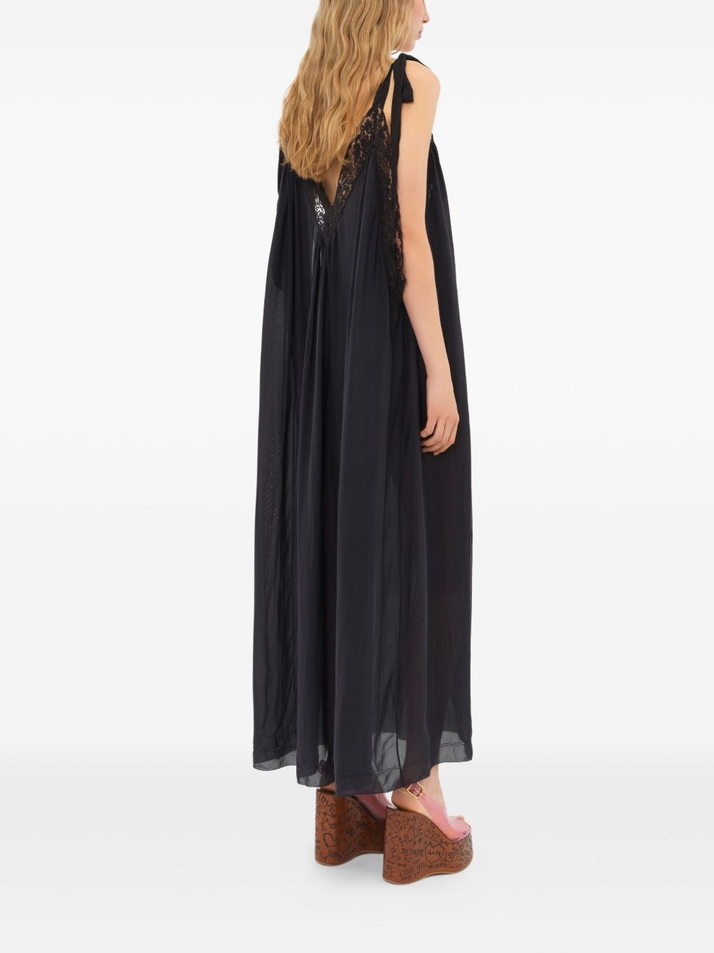 CHLOÉ Silk and Lace Long Dress with Tie Straps - Women’s Fashion