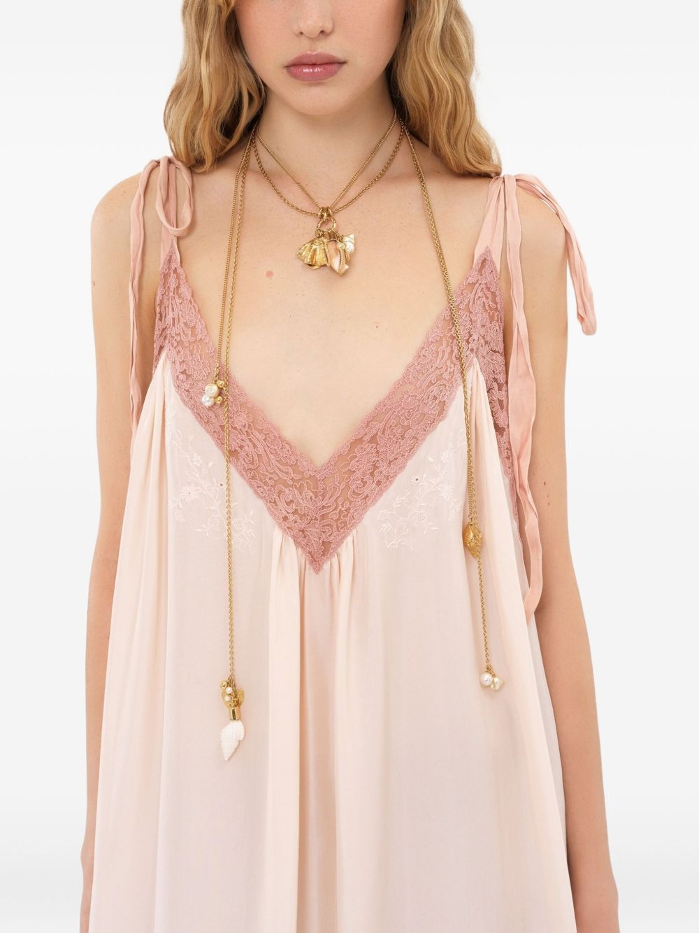 CHLOÉ Silk and Lace Dress with Tie Fastening V-Neck - Sleeveless