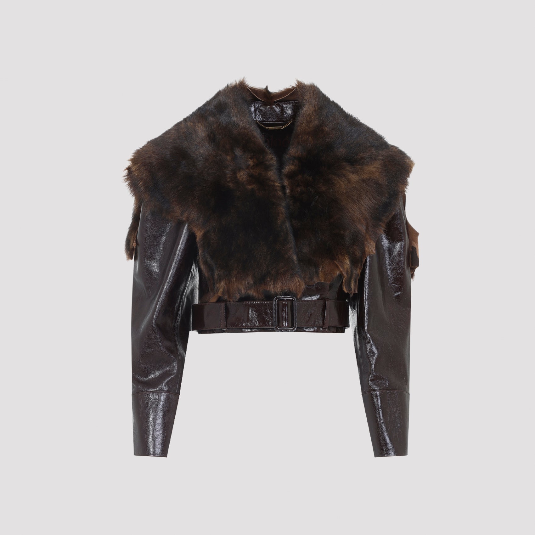 CHLOÉ Oversized Cropped Leather Jacket with Removable Fur Collar