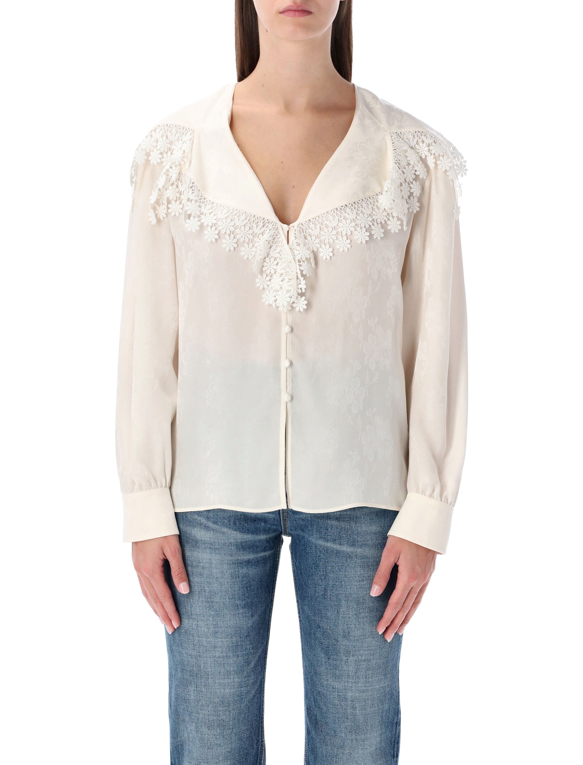 CHLOÉ Floral Lace-Trim Jacquard Silk Blouse - Size 36