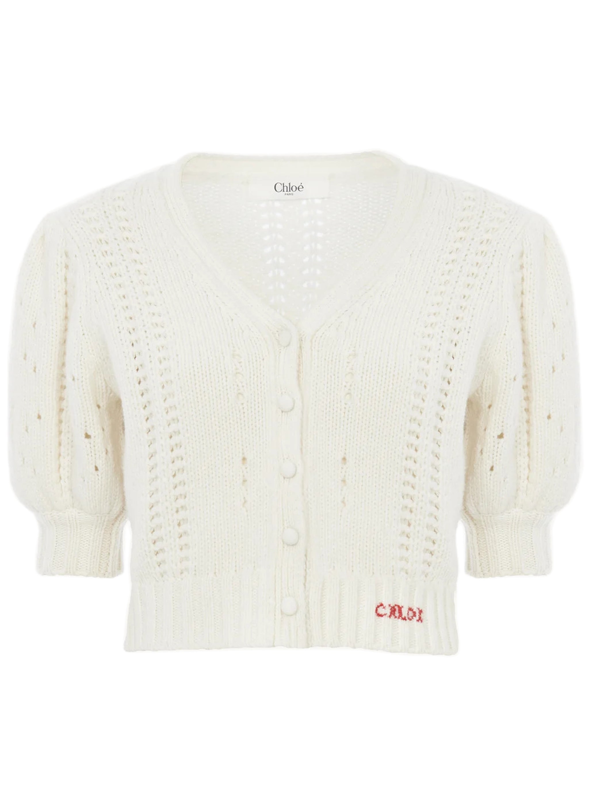 CHLOÉ Wool and Cashmere Puff-Sleeve V-Neck Cardigan - Size S