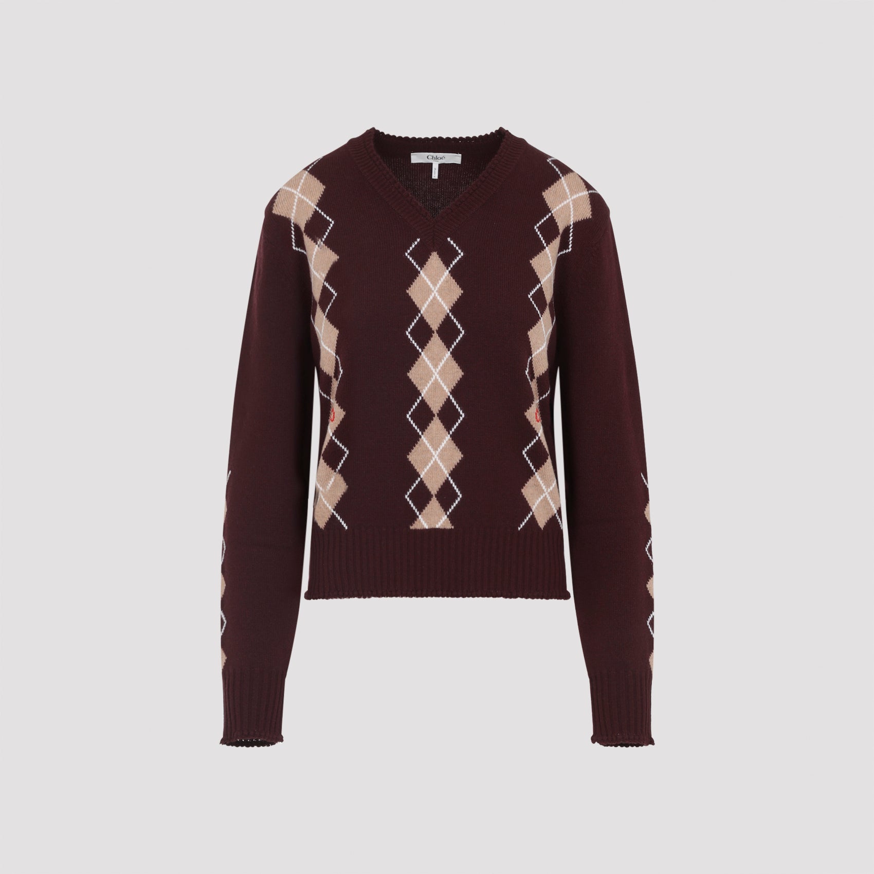 CHLOÉ V-Neck Wool Pullover with Argyle Detail