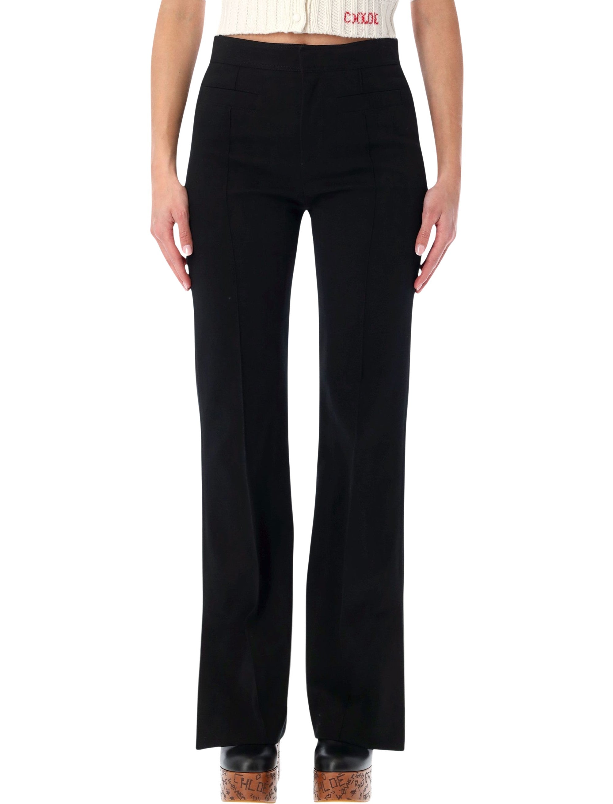 CHLOÉ Tailored Herringbone Cotton Trousers - High-Rise, Size 36
