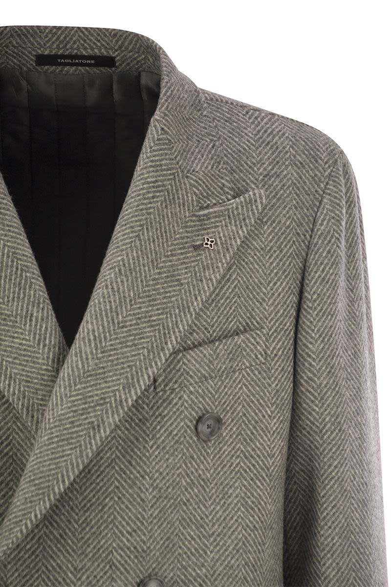 TAGLIATORE Double-Breasted Herringbone Jacket in Virgin Wool and Cashmere
