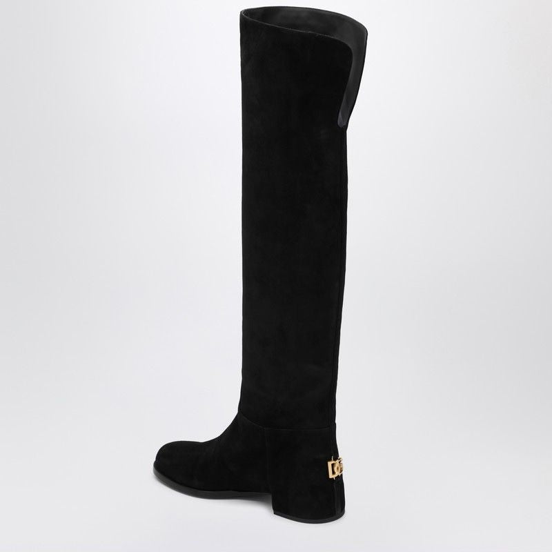 DOLCE & GABBANA Knee-High Suede Boot with Gold Logo