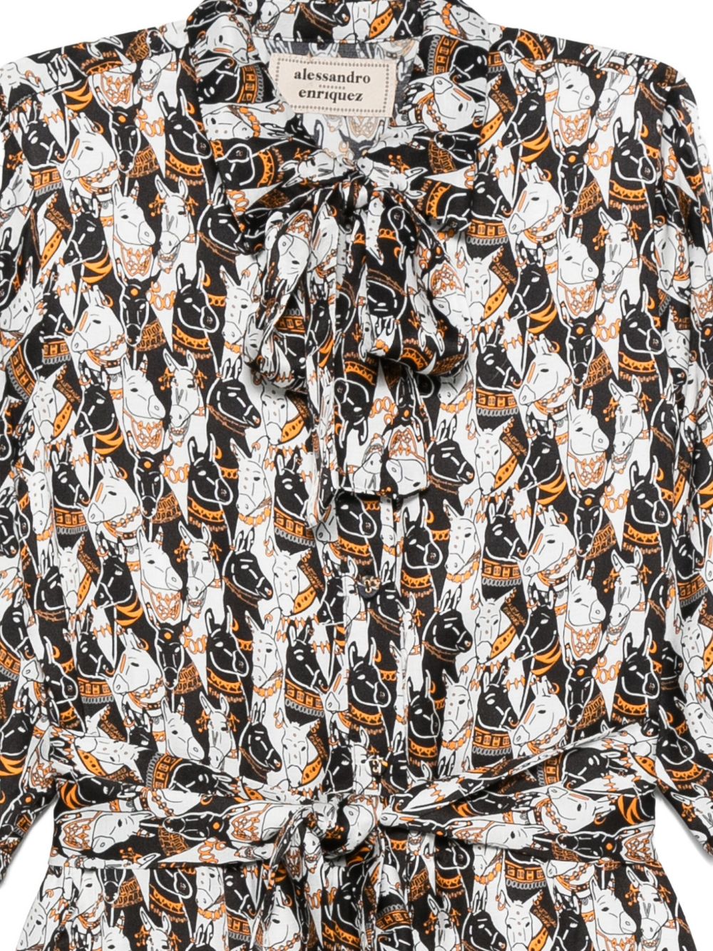 ALESSANDRO ENRIQUEZ Printed Shirtdress with Tie Neck and Self-Tie Belt