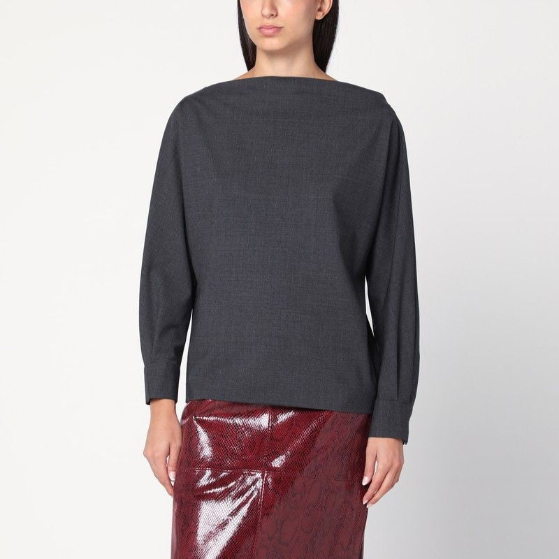 PAROSH Wool Blouse-Shirt with Boat Neckline and Buttoned Cuffs