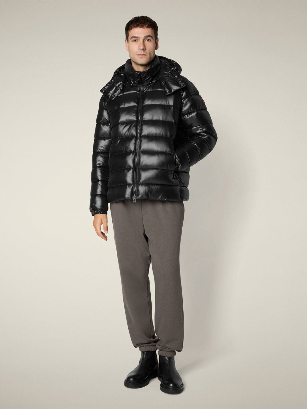 SAVE THE DUCK Men's Mini Down Jacket with Lacquered Finish and Removable Hood