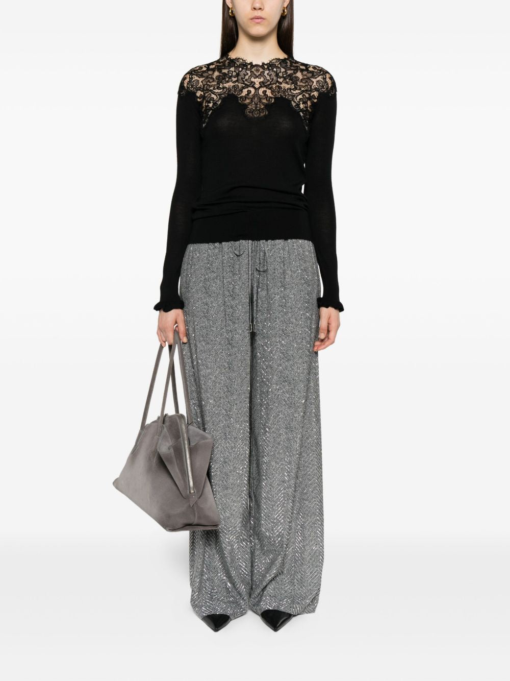 ERMANNO SCERVINO Lace Wool Sweater with Ruffled Cuffs