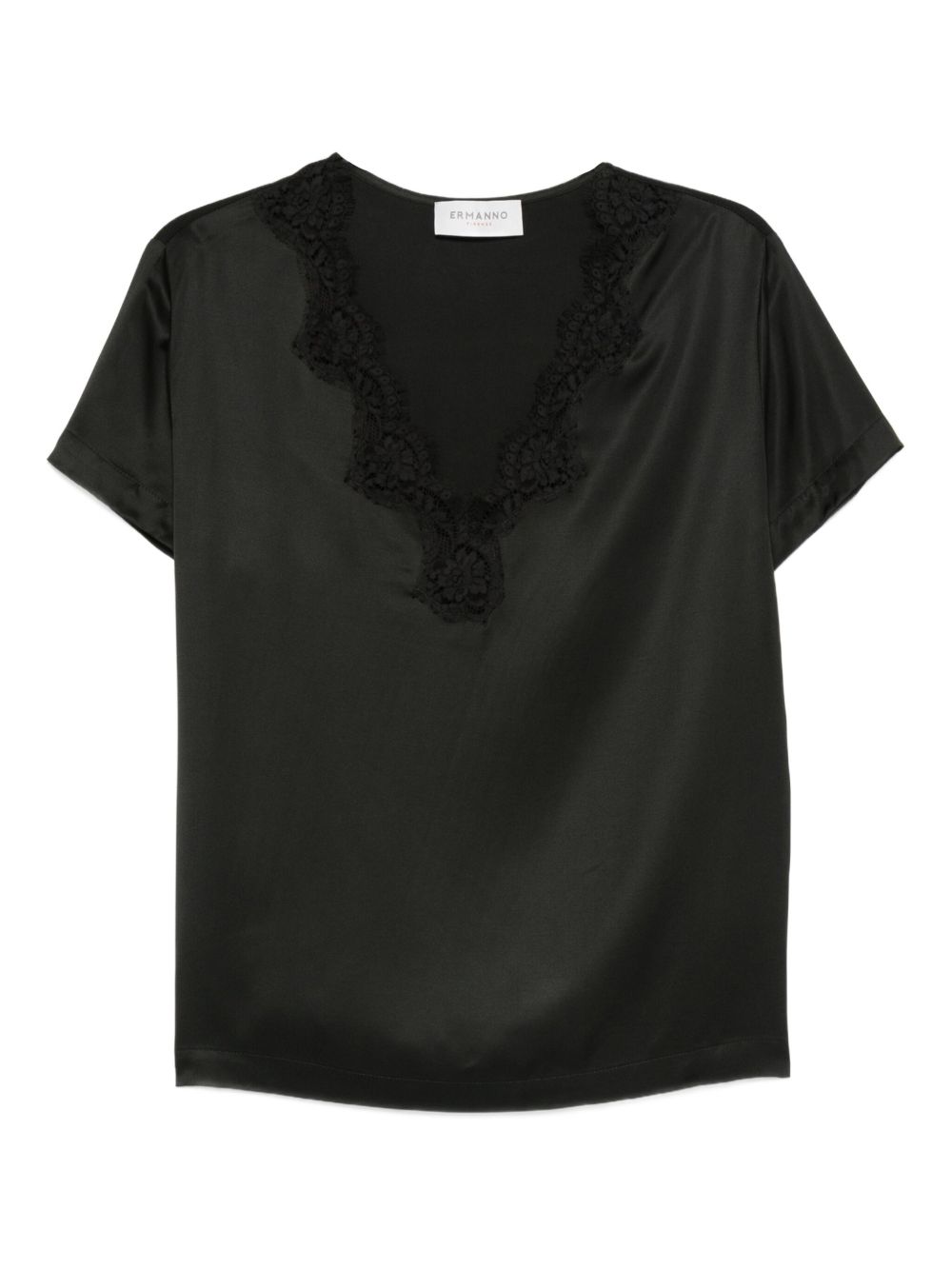 ERMANNO Embroidered V-Neck T-Shirt with Lace Insert
