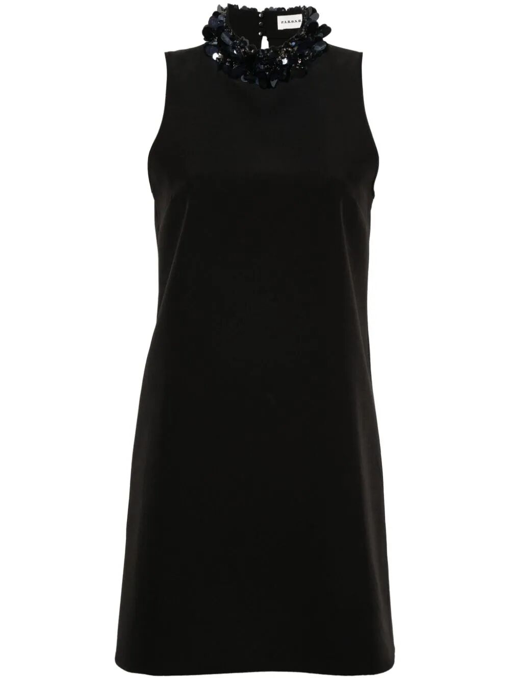 PAROSH Sleeveless High Neck Mini Dress with Paillettes