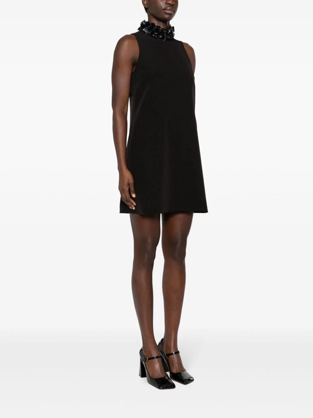 PAROSH Sleeveless High Neck Mini Dress with Paillettes