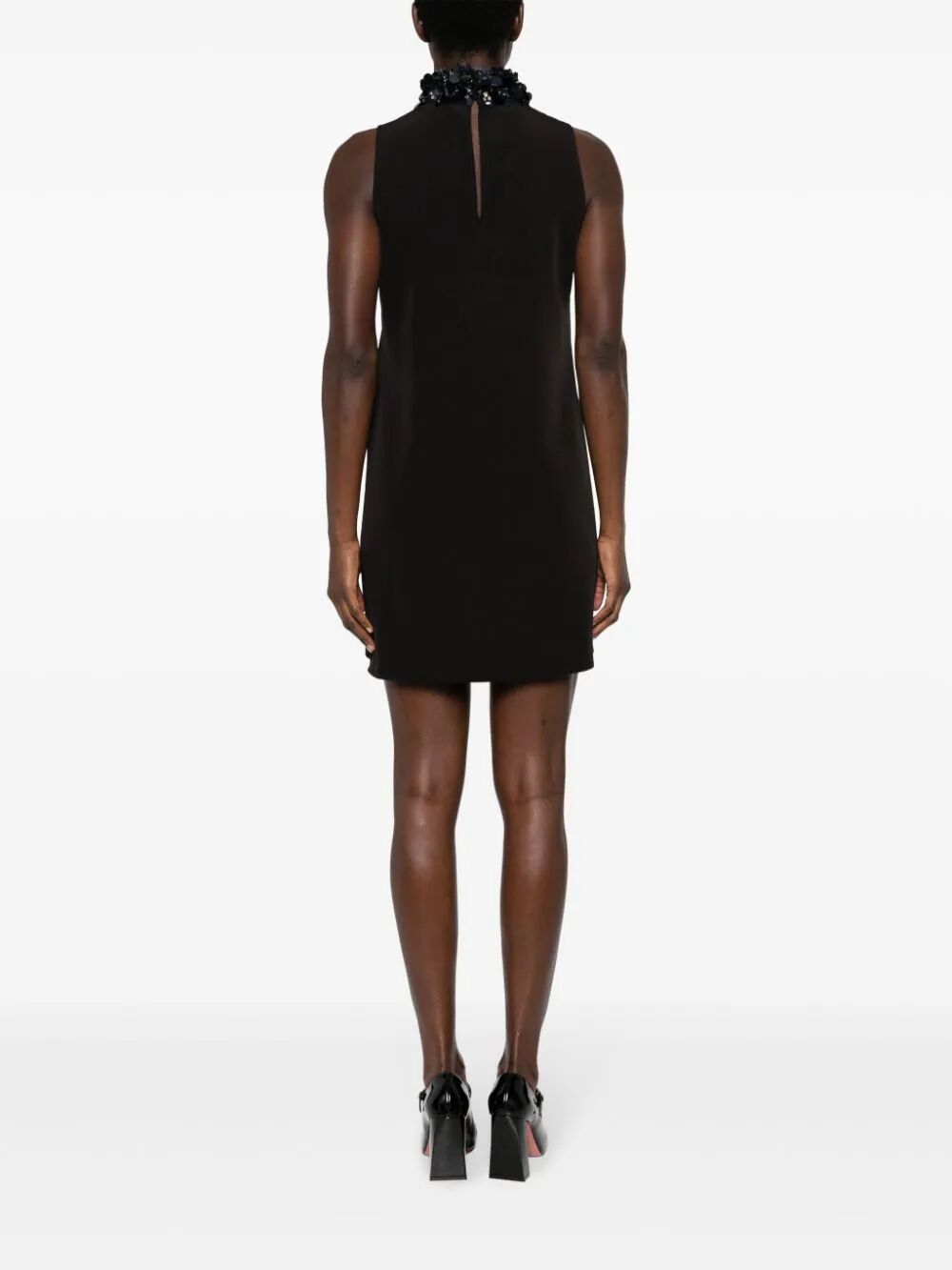 PAROSH Sleeveless High Neck Mini Dress with Paillettes
