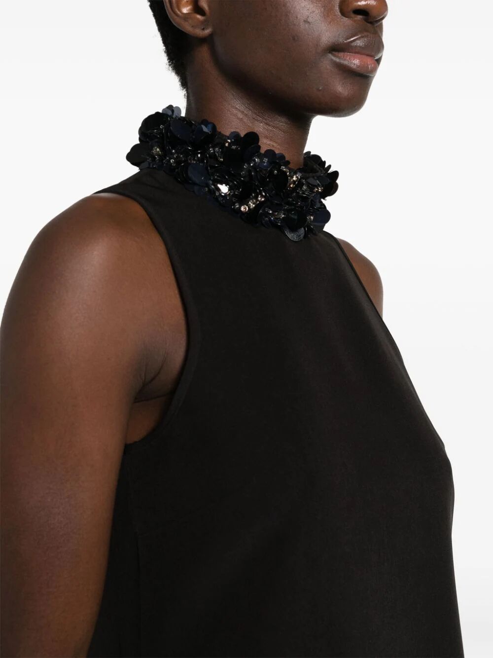 PAROSH Sleeveless High Neck Mini Dress with Paillettes