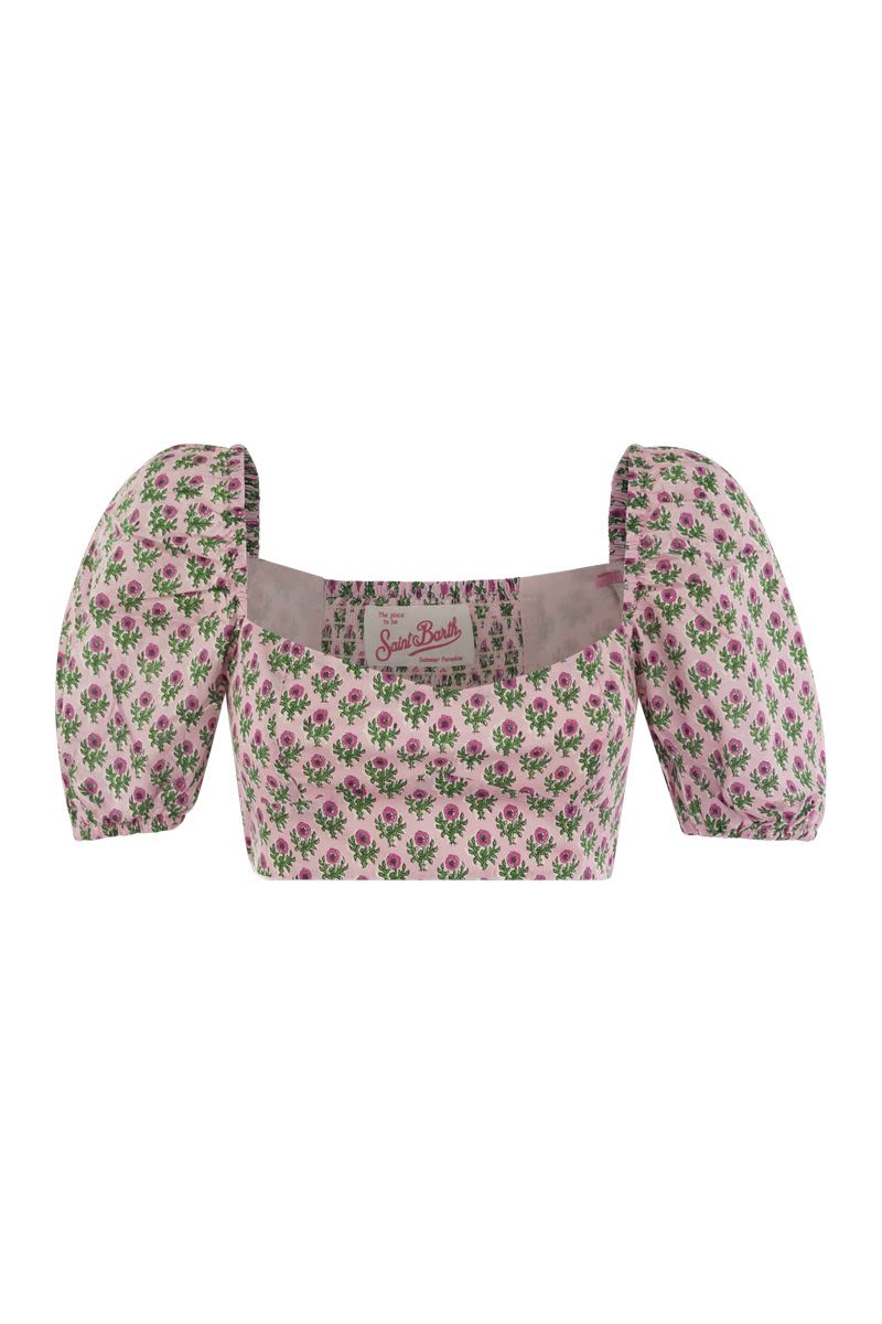 MC2 SAINT BARTH Mini Floral Crop Top with Balloon Sleeves