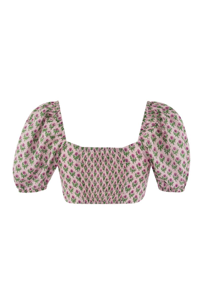 MC2 SAINT BARTH Mini Floral Crop Top with Balloon Sleeves