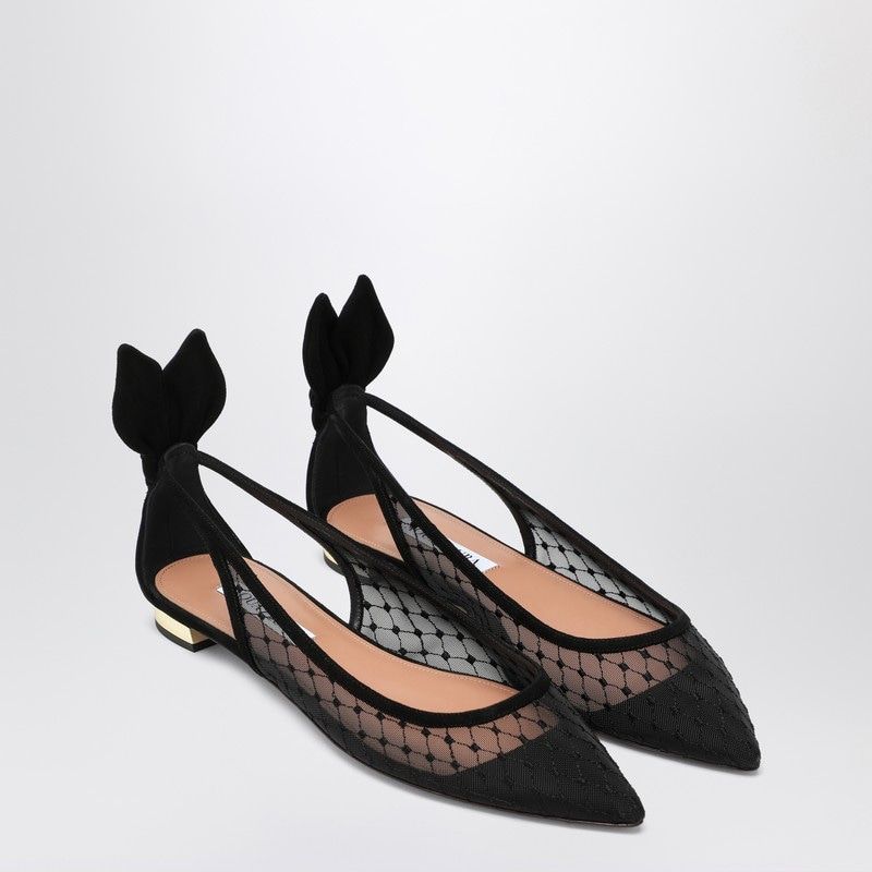 AQUAZZURA Pointed Design Mesh and Suede Ballerinas with Bow