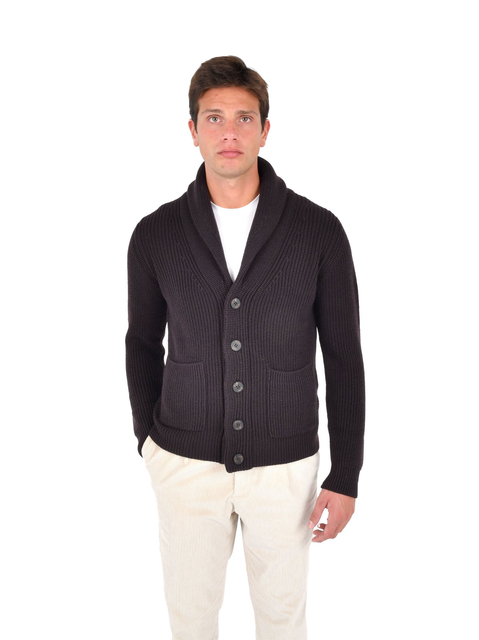 DRUMOHR Rib Stitch Scarf Collar Cardigan for Men