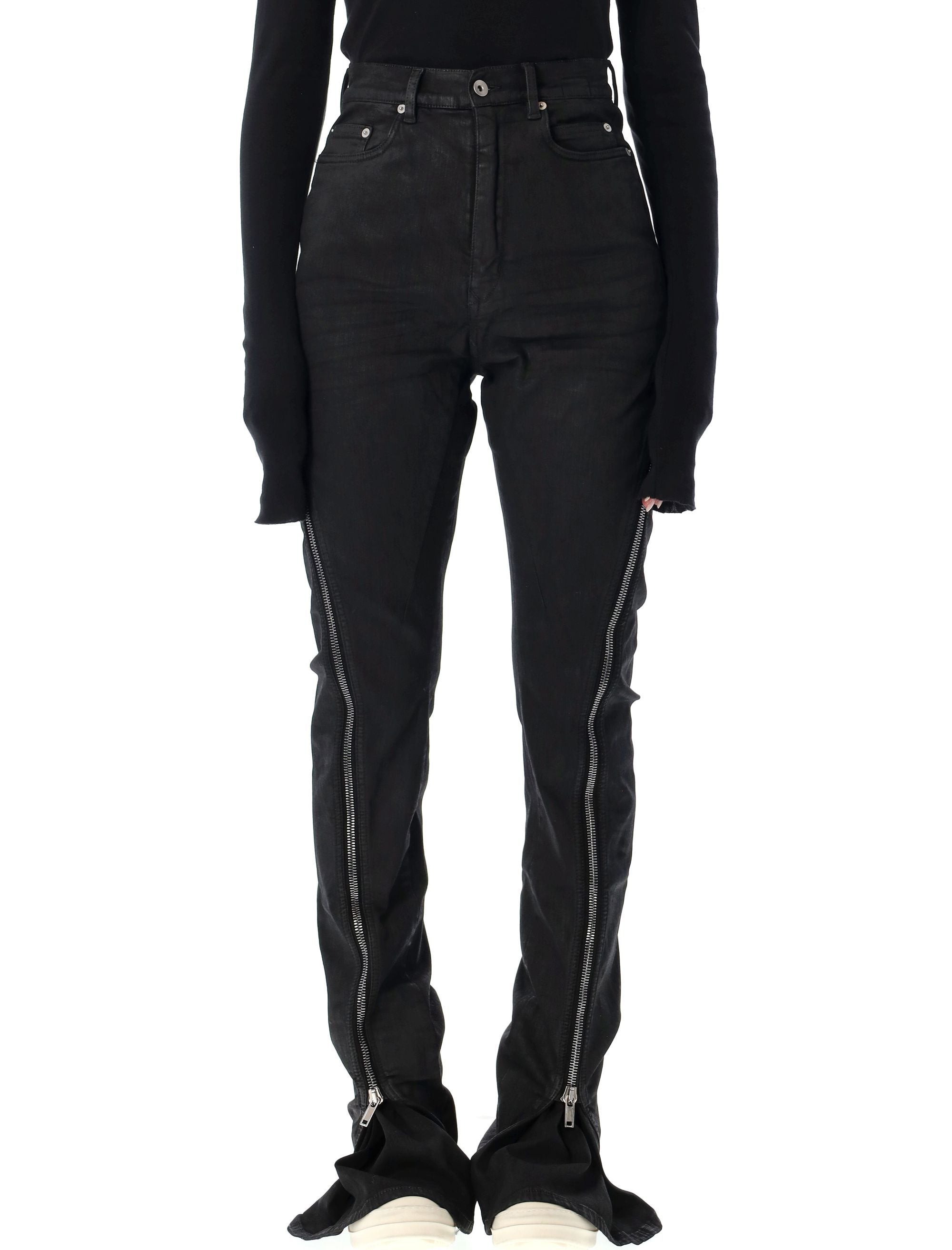 RICK OWENS High-Rise Slim Fit Jeans with Statement Zips - Size 26