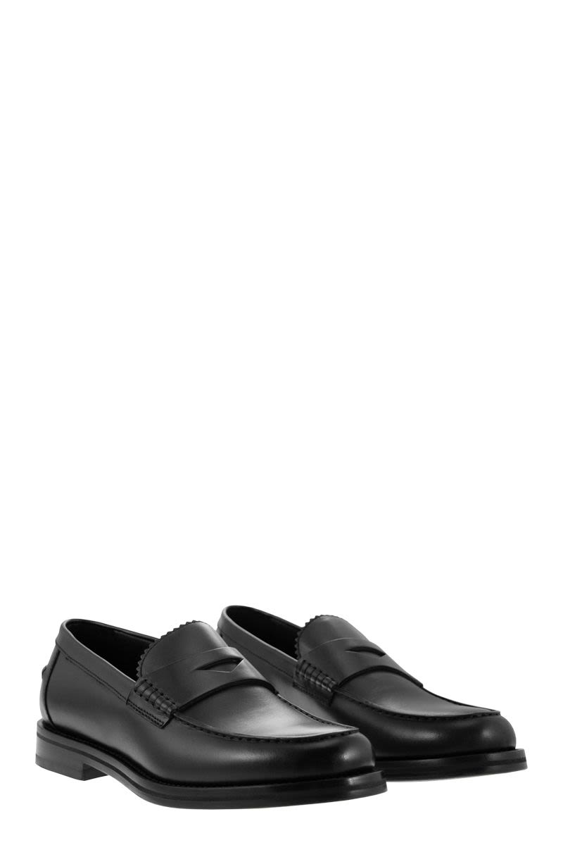 DOUCAL'S Leather Penny Loafers with Embossed Tray Stitching - 3 cm Heel