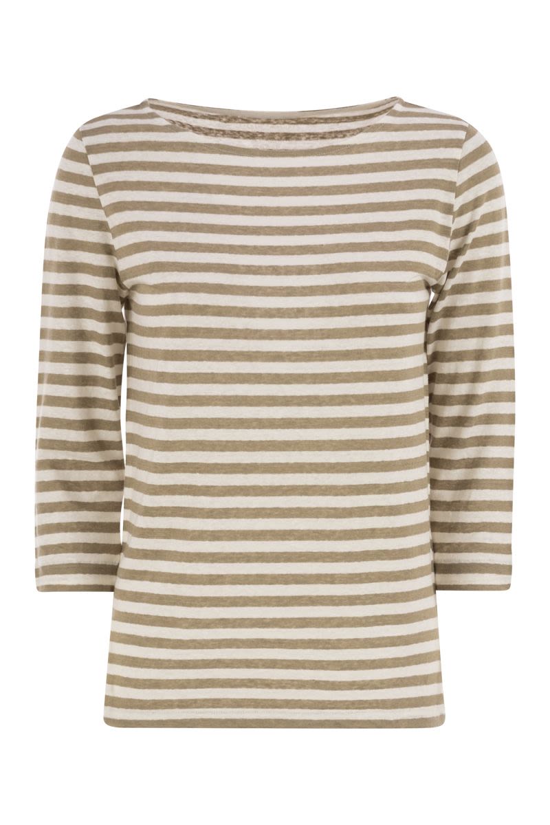 MAJESTIC Women's Striped Linen Boat Neck T-Shirt - 3/4 Sleeves