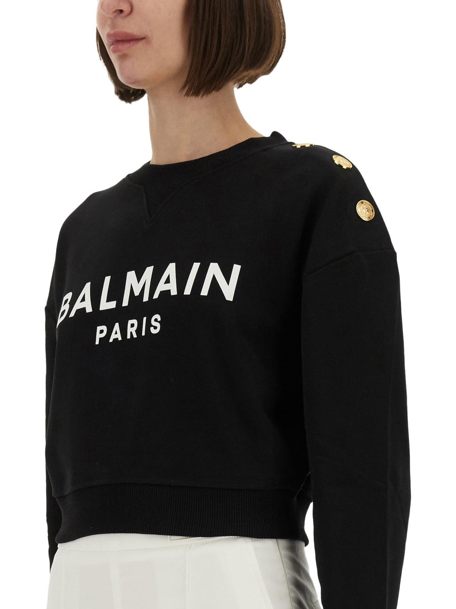 BALMAIN Cropped Logo Sweatshirt with Embossed Buttons - Women's - Size S