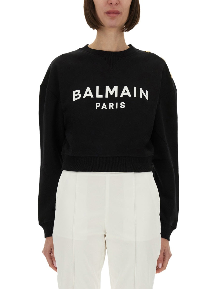 BALMAIN Cropped Logo Sweatshirt with Embossed Buttons - Women's - Size S