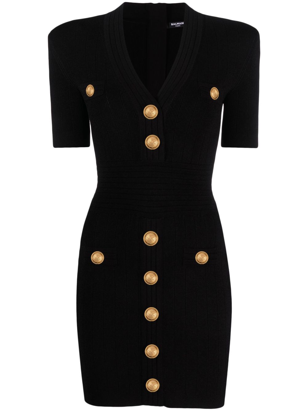 BALMAIN V-Necked Mini Dress with Embossed Buttons