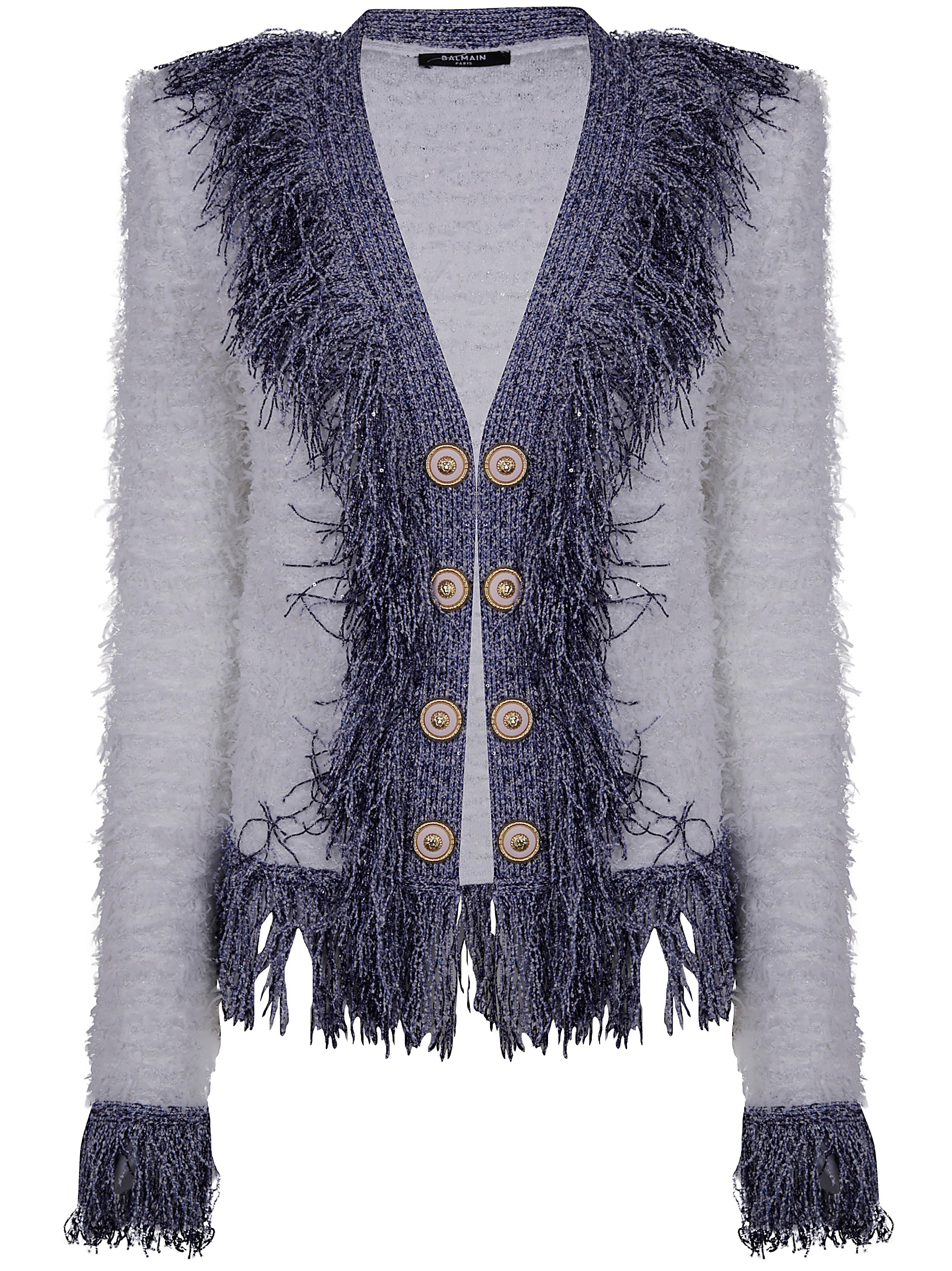 BALMAIN Collarless Glittered Fringed Tweed Jacket