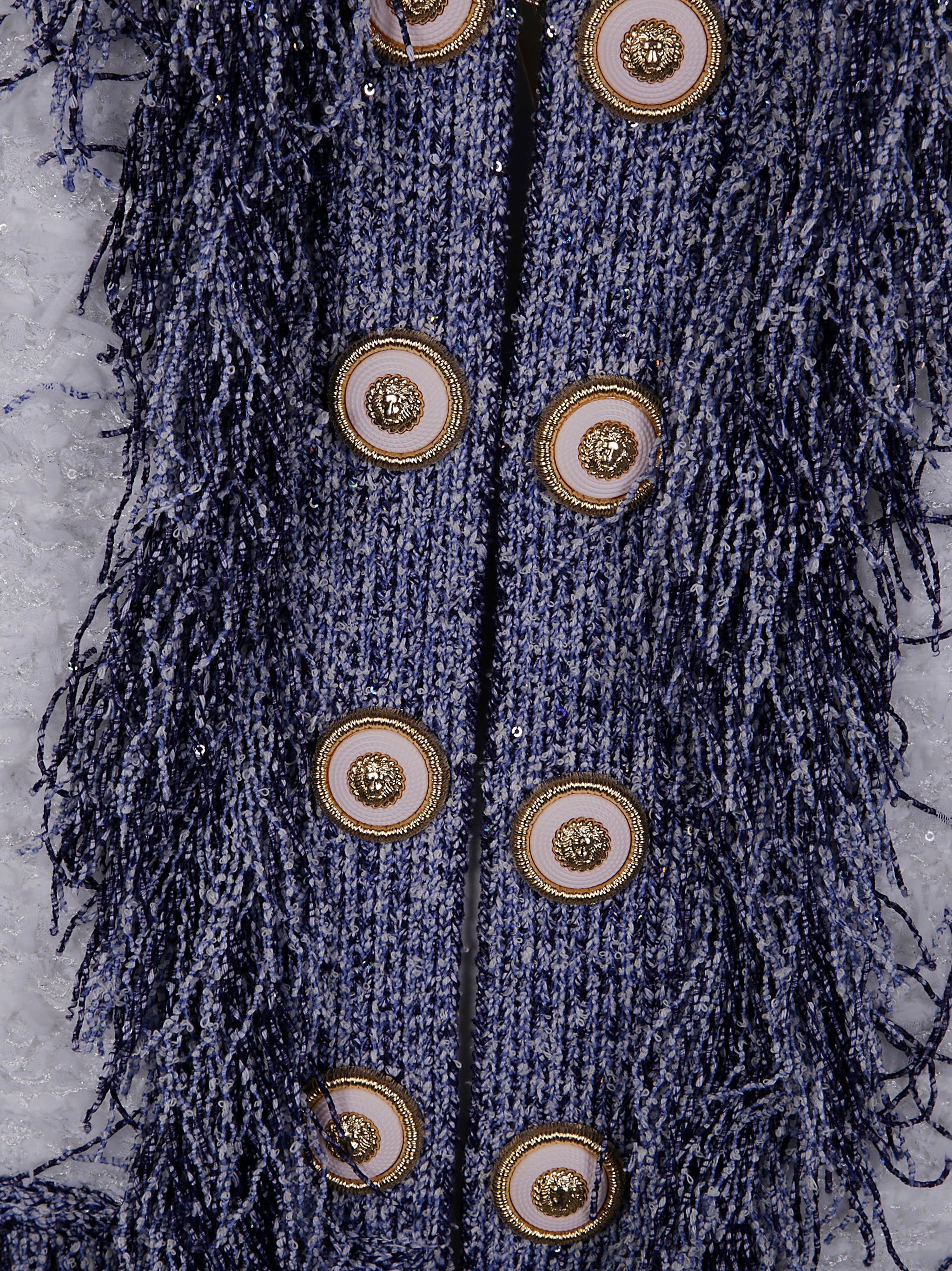 BALMAIN Collarless Glittered Fringed Tweed Jacket