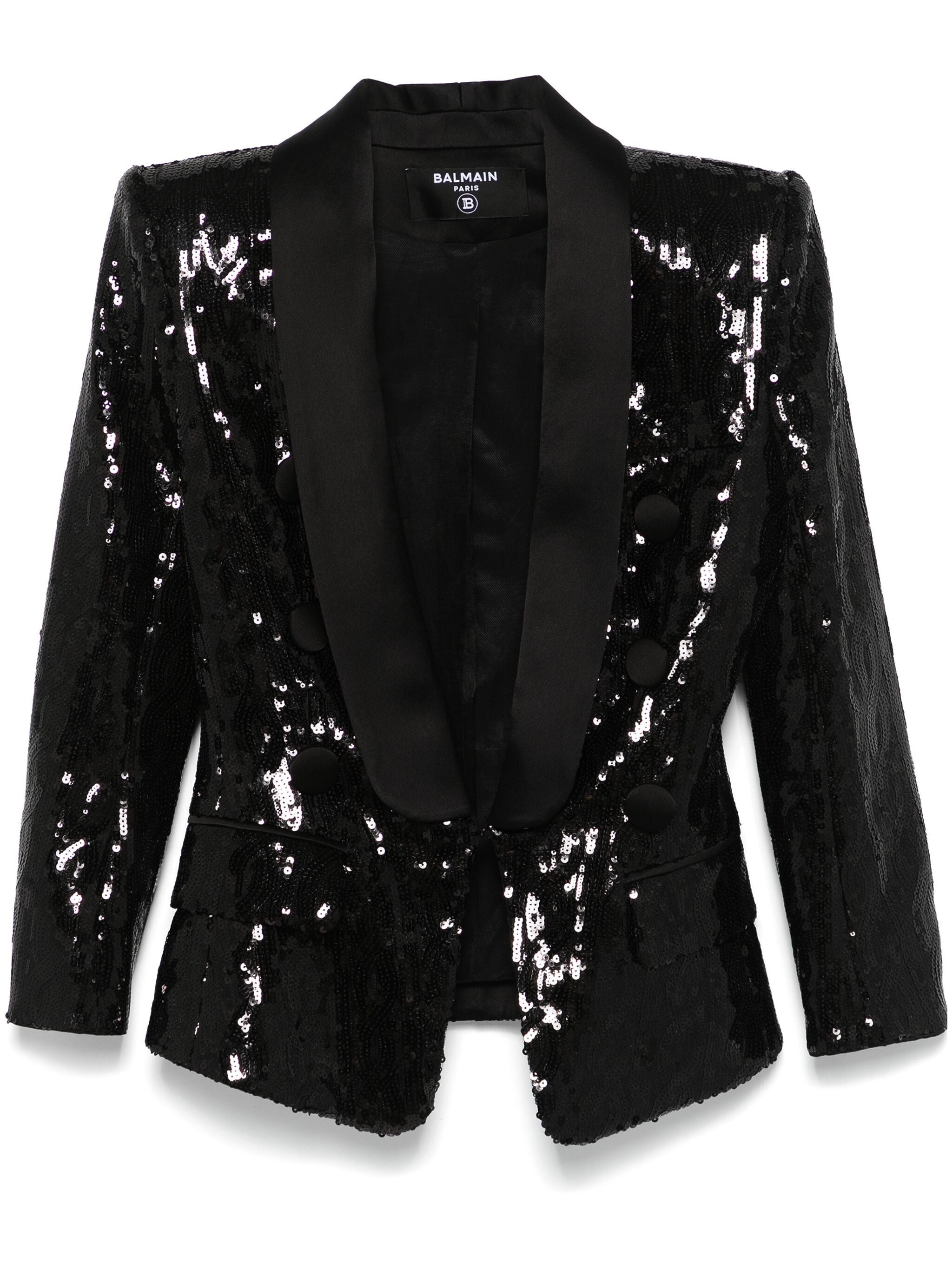 BALMAIN V-Neck Glitter Satin Tailored Jacket