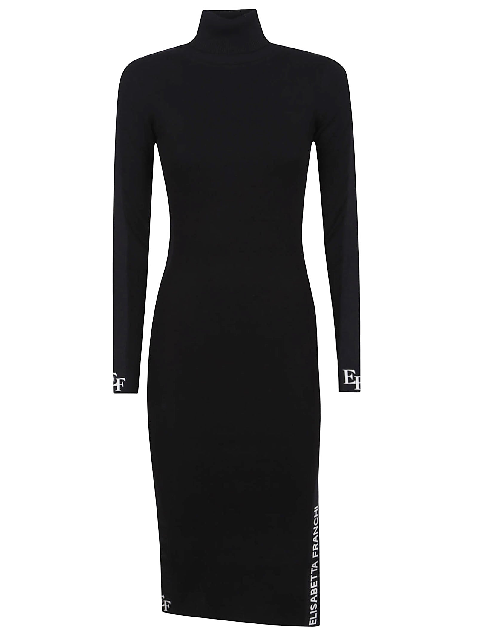 ELISABETTA FRANCHI Sleek Black Knit Mini Dress with High Neck and Side Slit