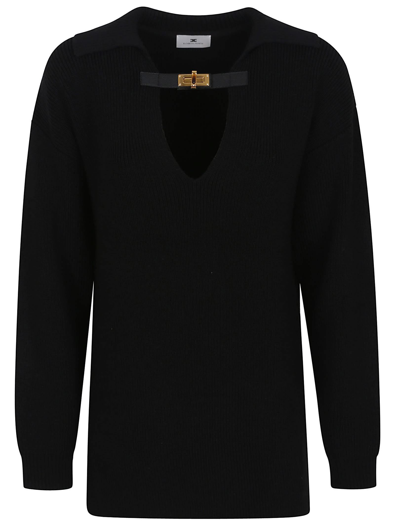 ELISABETTA FRANCHI Elegant Wool Blend Sweater with V-Neck and Gold Tone Accents