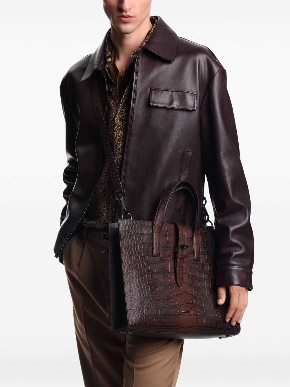 EMPORIO ARMANI Crocodile-Effect Leather Briefcase with Adjustable Shoulder Strap