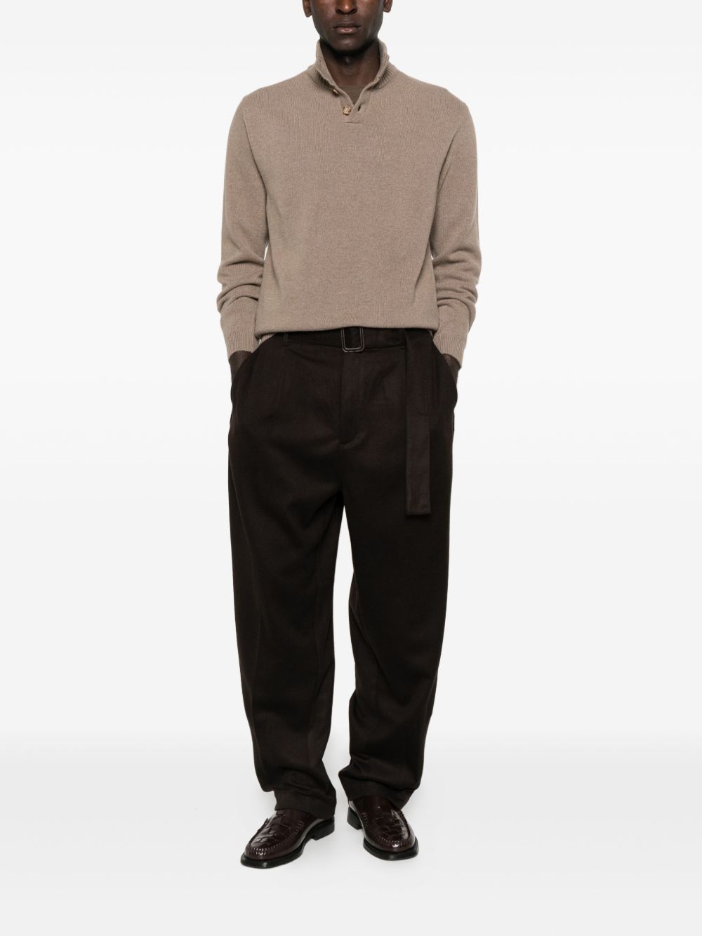 EMPORIO ARMANI Wool-Cashmere Blend Straight Leg Trousers with Belted Waist