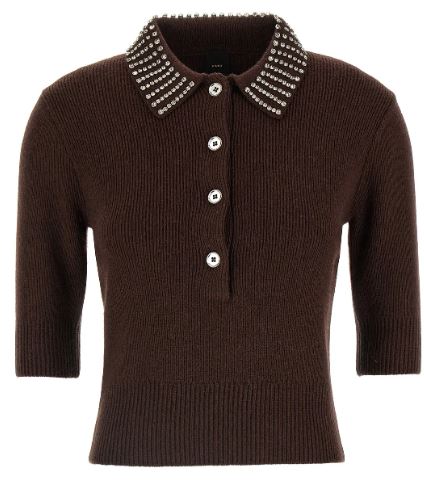 PINKO Wool-Blend Sweater with Rhinestone Collar - Women's Short Sleeve