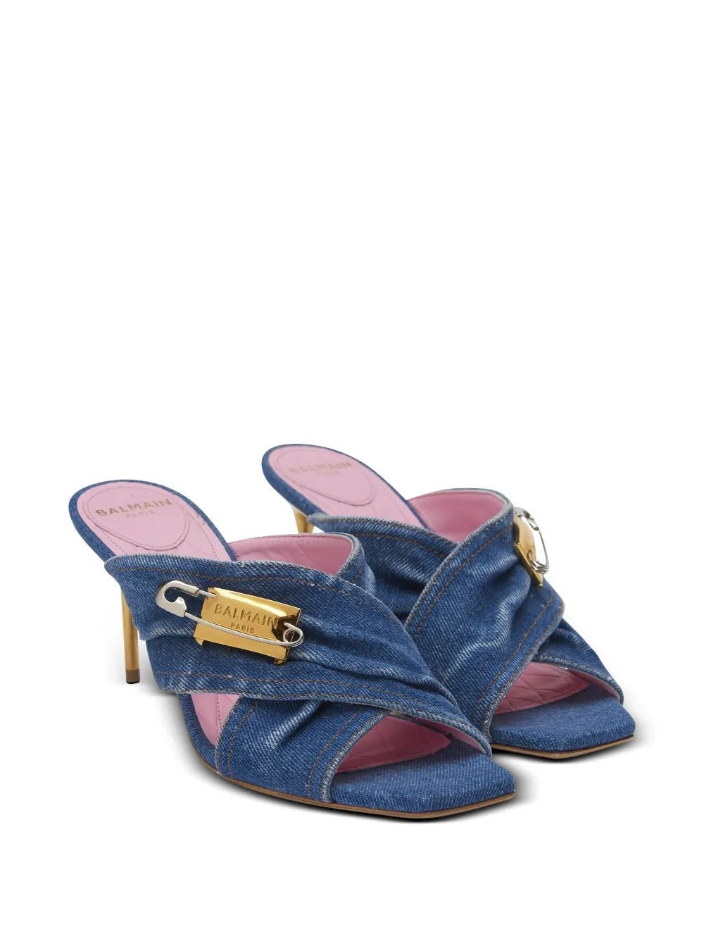 BALMAIN Mini Flat Safety Pin Denim Sandals for Women