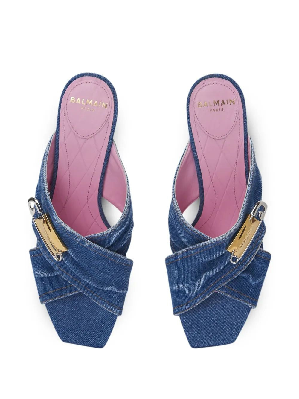 BALMAIN Mini Flat Safety Pin Denim Sandals for Women